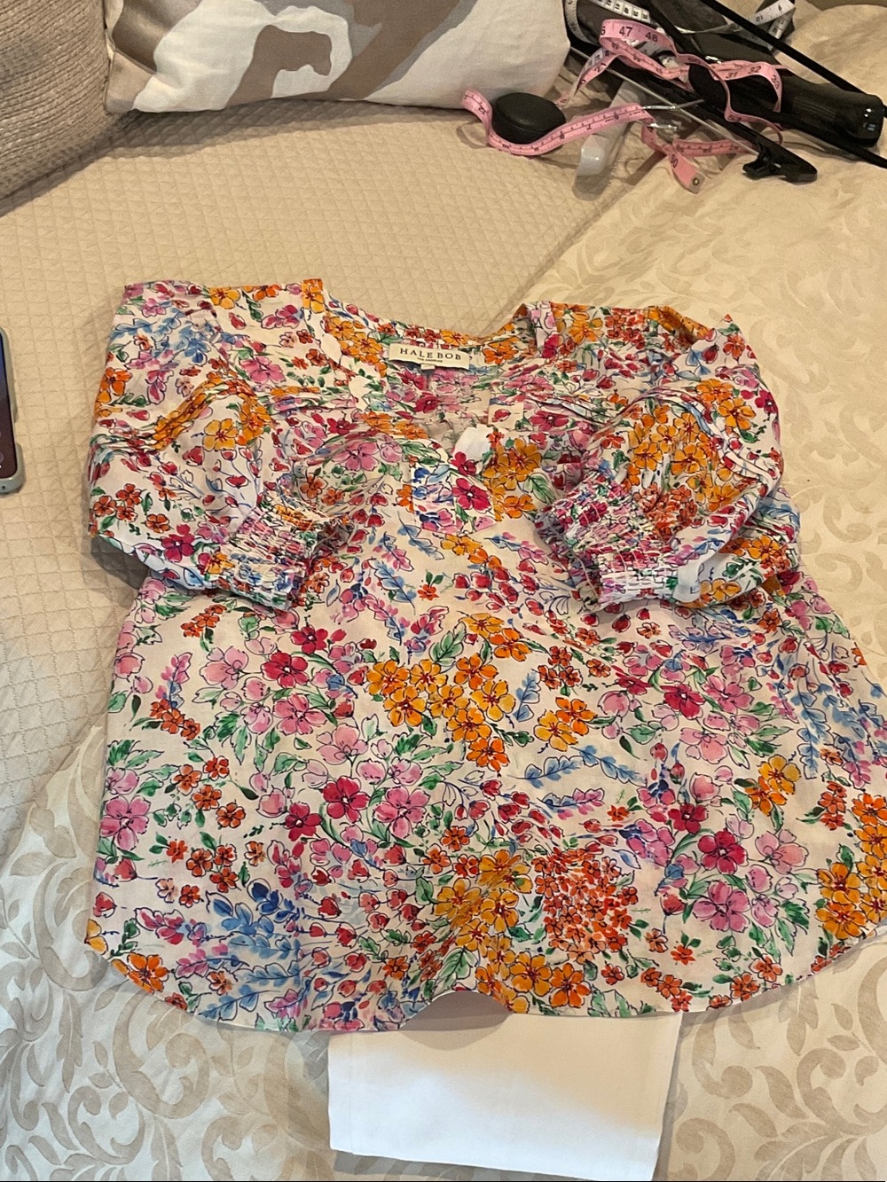 Hale Bob Floral Puff-Sleeve Blouse in White with Multicolor Flowers